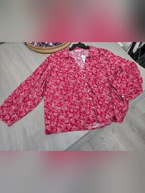 New LOFT Red Floral Button Down Blouse Large Tie Neck Shirt
